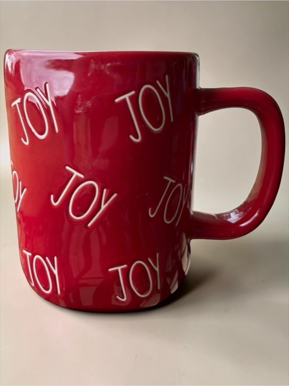 Rae Dunn JOY Christmas Mug Red Embossed Holiday Coffee Cup Cocoa Mug